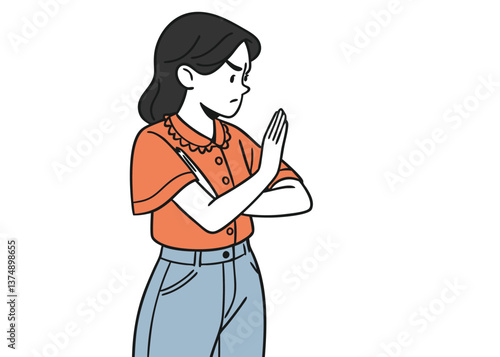Southeast Asian woman with straight black hair in orange ruffled blouse and jeans crossing arms in X gesture, expressing refusal or warning with serious face against plain white background