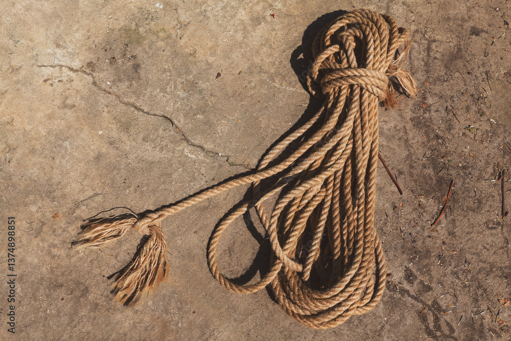 Coiled rope resting on a rugged and weathered concrete surface. The rope, made of natural fibers, shows signs of wear with its frayed ends good for garden works