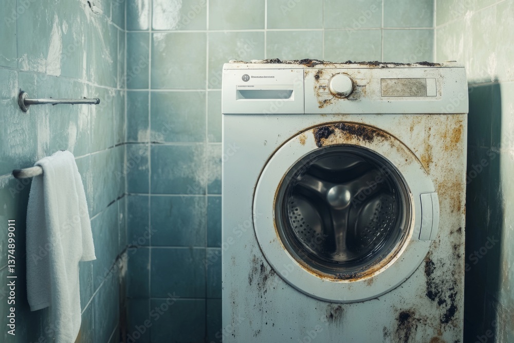 A dirty washing machine covered in mold sits in a neglected bathroom filled with peeling tiles and grime Generative AI A dirty washing machine covered in mold sits in a neglected bathroom filled with peeling tiles and grime Generative AI