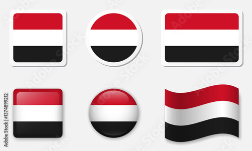 Flag of Yemen icons collection. Flat stickers and 3d glass vector elements on white background.