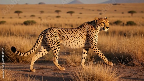 Cheetah Walking in African Savanna, African Savanna, Grassland, Outdoors