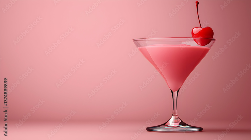 Pink Cocktail with Cherry Garnish on Pink Background Pink Cocktail with Cherry Garnish on Pink Background