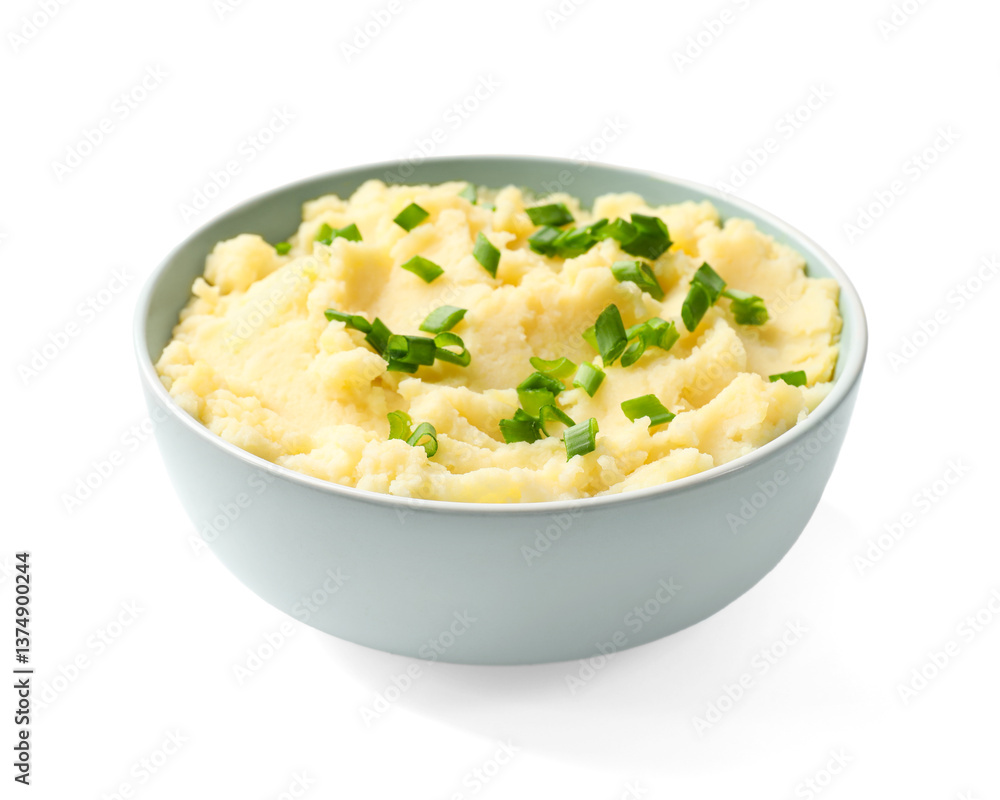 Delicious mashed potato with green onions in bowl isolated on white Delicious mashed potato with green onions in bowl isolated on white