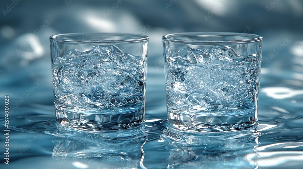 Refreshing Sparkling Water: Two Glasses of Crystal Clear Carbonated Water on a Blue Rippled Surface Refreshing Sparkling Water: Two Glasses of Crystal Clear Carbonated Water on a Blue Rippled Surface