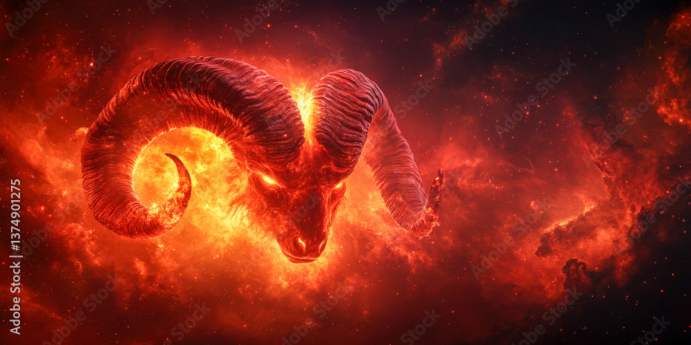 Vibrant cosmic illustration of a fiery ram's head engulfed in flames against a starry backdrop Vibrant cosmic illustration of a fiery ram's head engulfed in flames against a starry backdrop