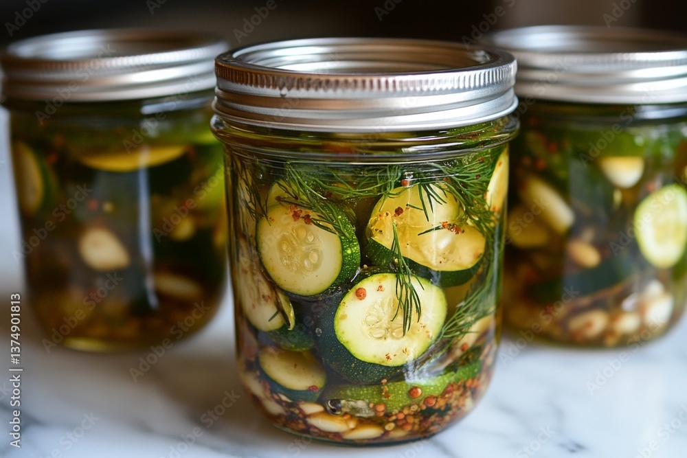 Jars filled with sliced cucumbers, garlic, and dill sit on a countertop, showcasing vibrant colors and textures ready for preserving Generative AI Jars filled with sliced cucumbers, garlic, and dill sit on a countertop, showcasing vibrant colors and textures ready for preserving Generative AI