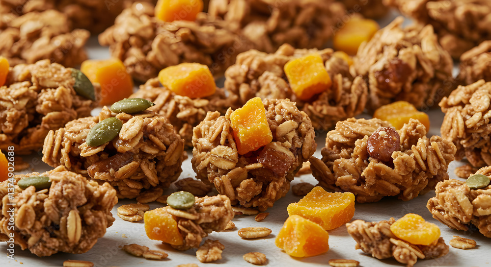 Artisan granola clusters with dried mango offering a delightful textural experience Artisan granola clusters with dried mango offering a delightful textural experience