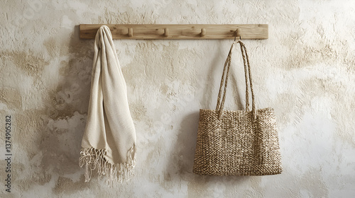 Cozy wall decor with rustic charm: a woven bag and a soft scarf hang on a wooden rack against a textured wall.