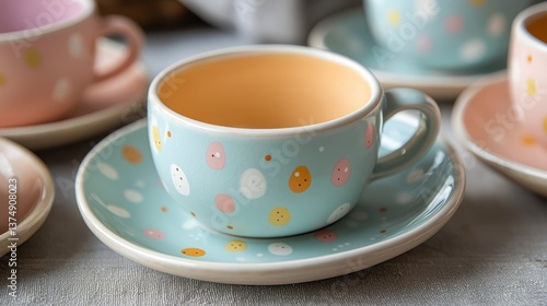 Wallpaper Mural Colorful Ceramic Cups and Saucers with Pastel Dots and Patterns Torontodigital.ca
