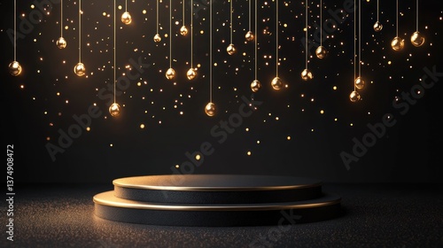 Elegant Black and Gold Stage with Hanging Ornaments