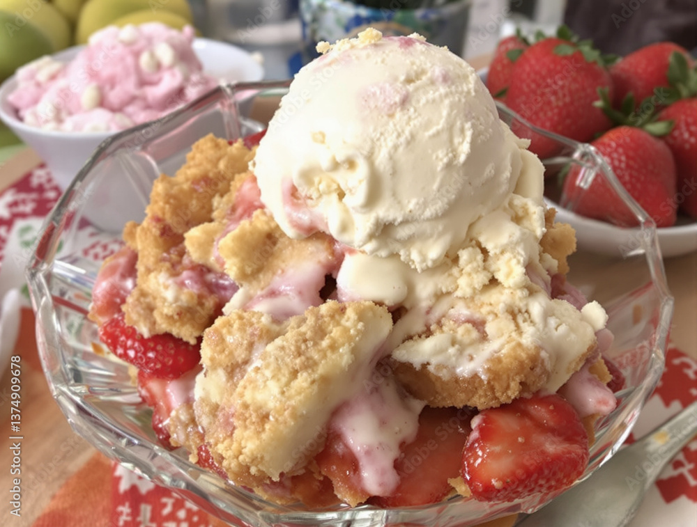 creamy dessert with cake and ice cream and fruits creamy dessert with cake and ice cream and fruits