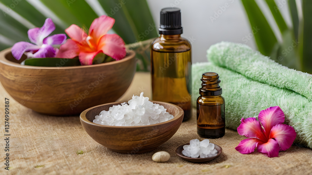 Spa wellness setup with essential oils, bath salts, tropical flowers, and soft green towel on a natural surface, creating a serene atmosphere for relaxation and self-care. Spa wellness setup with essential oils, bath salts, tropical flowers, and soft green towel on a natural surface, creating a serene atmosphere for relaxation and self-care.