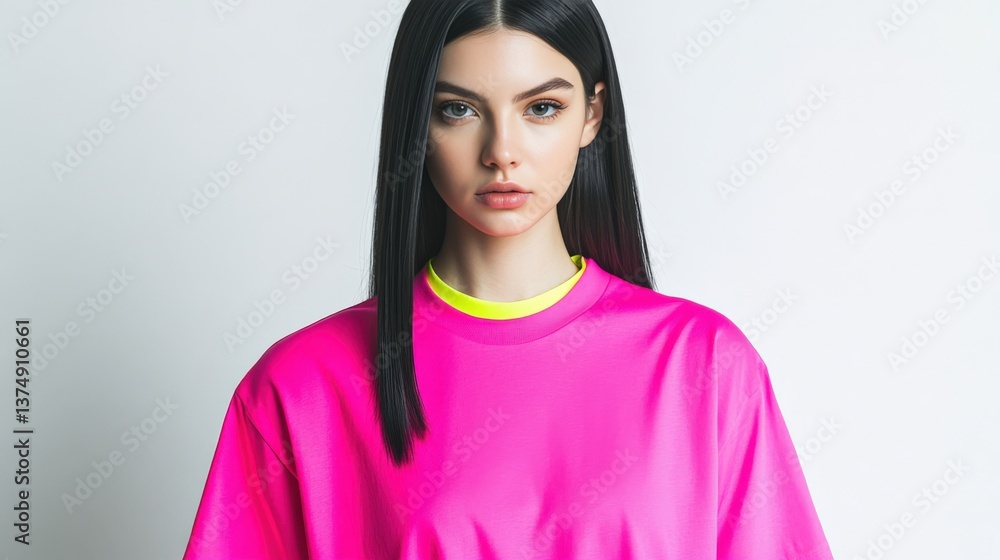 Fototapeta premium Trendy Young Woman in Neon Pink Oversized T-Shirt on Light Background