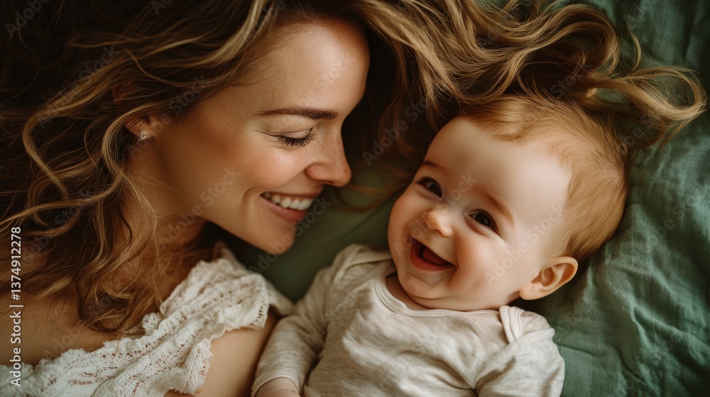 Joyful Mother and Baby Moments: Smiling Together on Soft Bedding Joyful Mother and Baby Moments: Smiling Together on Soft Bedding
