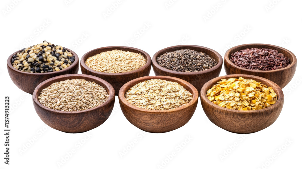 Assorted breakfast cereals in bowls,Transparent background, PNG file background, Assorted breakfast cereals in bowls,Transparent background, PNG file background,