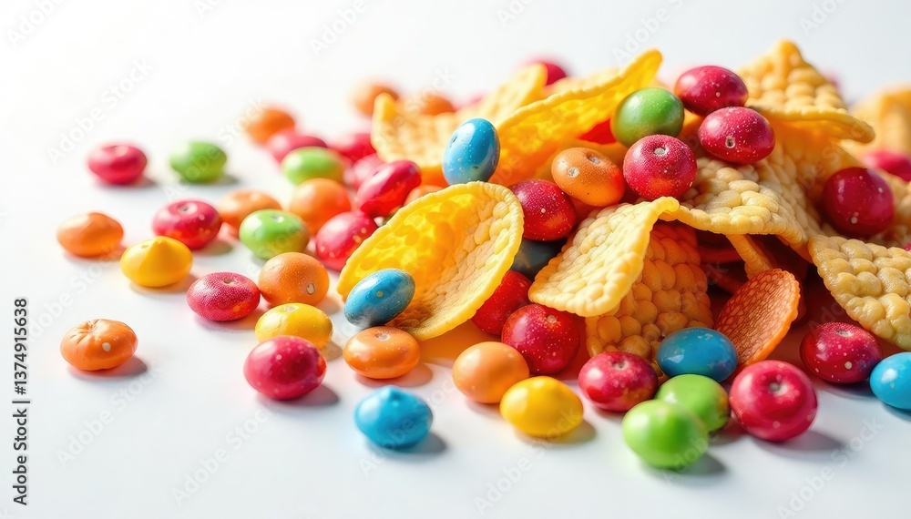 Pile of colorful candy, chips, and soda on white background, nutrition, background Pile of colorful candy, chips, and soda on white background, nutrition, background