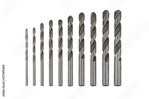 Drill bit set in horizontal row on transparent background
