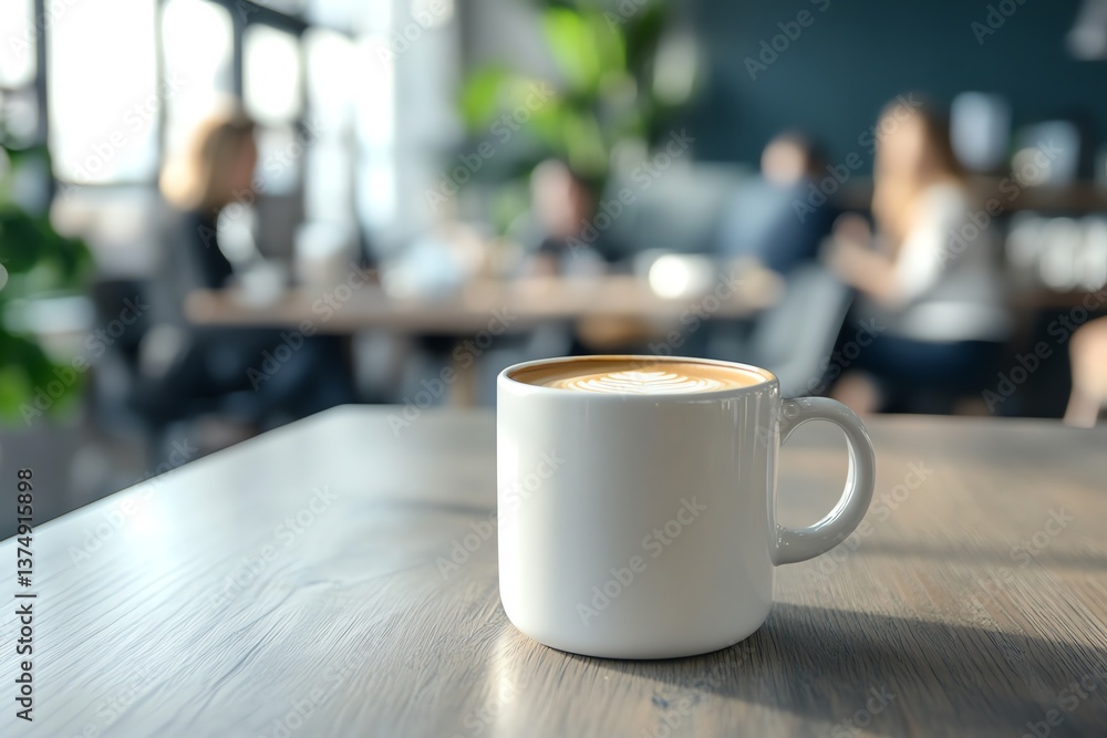 Enjoying a Latte Coffee in Cafe with People in Background Enjoying a Latte Coffee in Cafe with People in Background