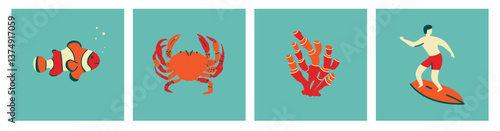 Collection about vacation to ocean beach. Surfer and wild underwater animals. Vector illustration