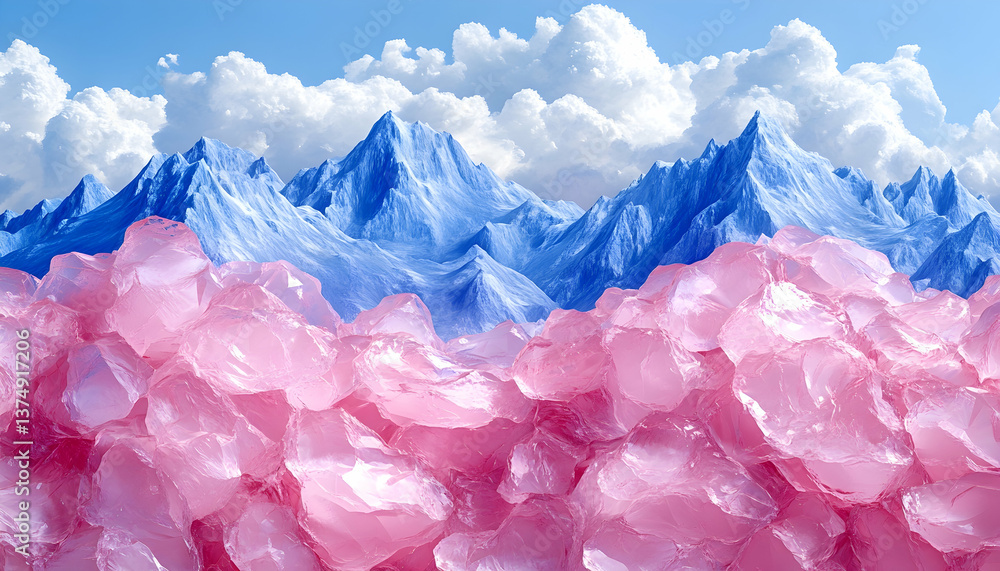 Obraz premium Abstract Mountains with Snowy Peaks and Pink Crystal Foreground Under Cloudy Sky Landscape
