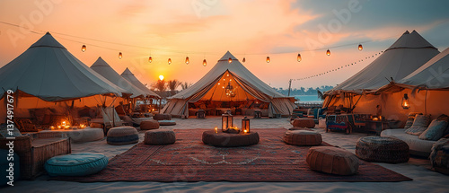 Desert Glamping Site at Sunset with Rows of White Tents String Lights and Comfortable Seating Arrangements Against an Orange Sky