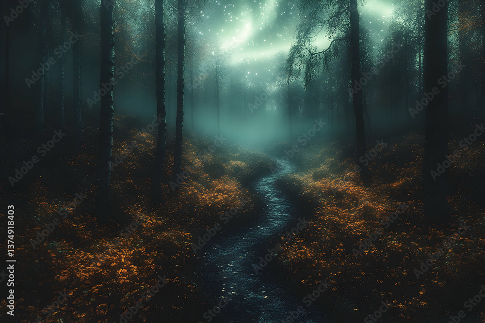 Naklejka premium Enchanted Dark Forest Path with Glowing Lights at Night and Aurora in the Sky