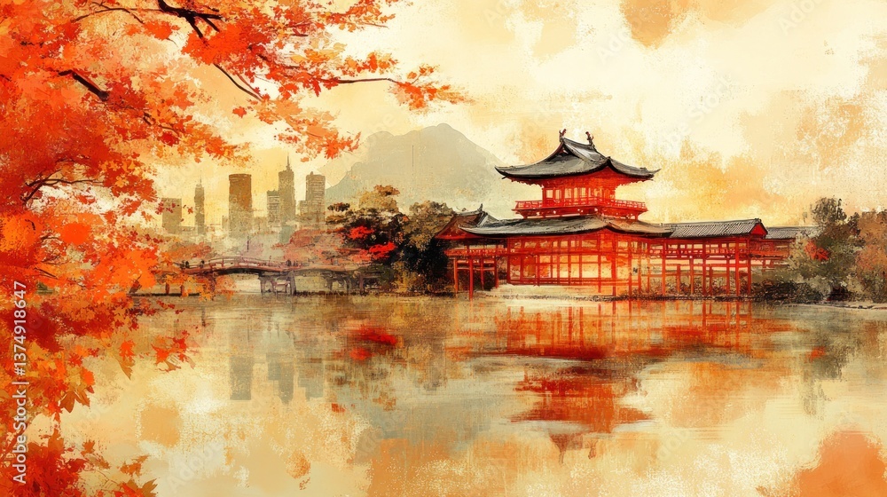 Obraz premium Autumnal Serenity: A Japanese Temple's Lakeside Reflection