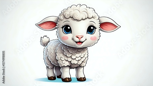 Cute Cartoon Sheep Standing Smiling with Big Blue Eyes Illustration