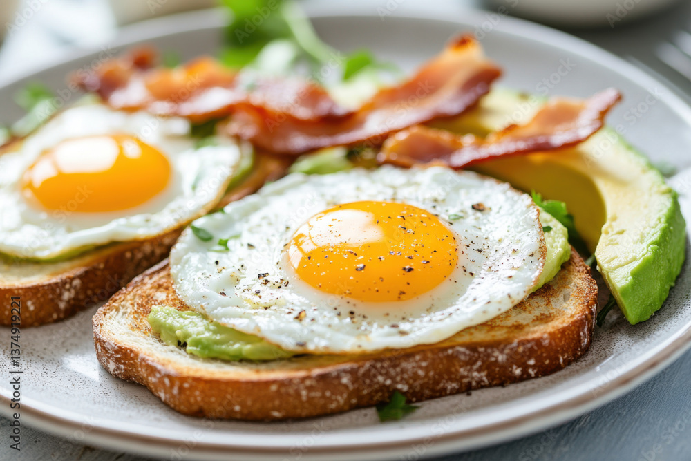 Delicious ketogenic breakfast with fried eggs, avocado, and bacon Delicious ketogenic breakfast with fried eggs, avocado, and bacon
