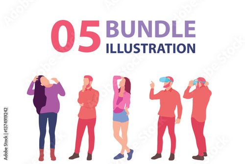 Five People in Different Poses, Bundle of Illustrations