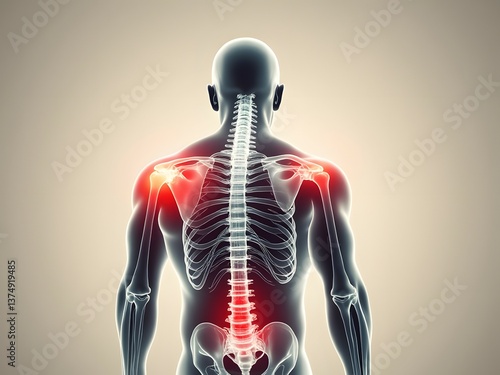 Medical illustration of human skeletal structure, highlighted spine with red pain areas in shoulders and lower back. Skeletal anatomy with red inflammation markers