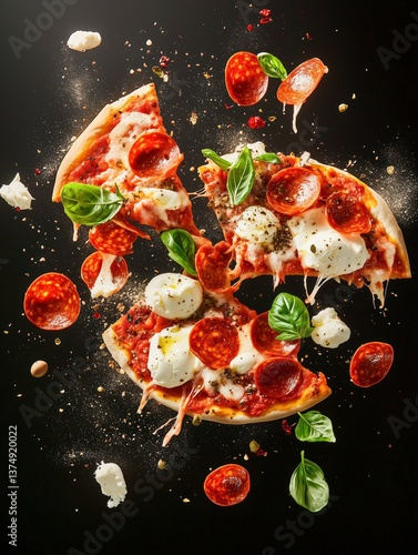 Bursting slices of pepperoni pizza with melting mozzarella, basil leaves, and scattered seasonings suspended dramatically in mid-air