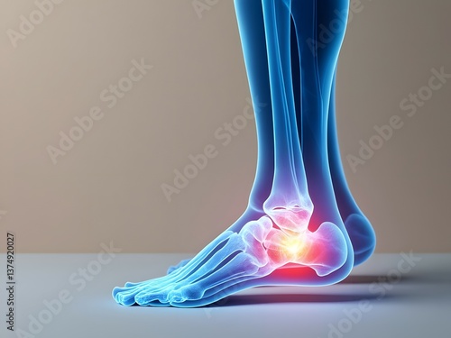 Semi-transparent foot skeleton, glowing ankle pain, medical illustration, modern X-ray effect, sprain or fracture visualization