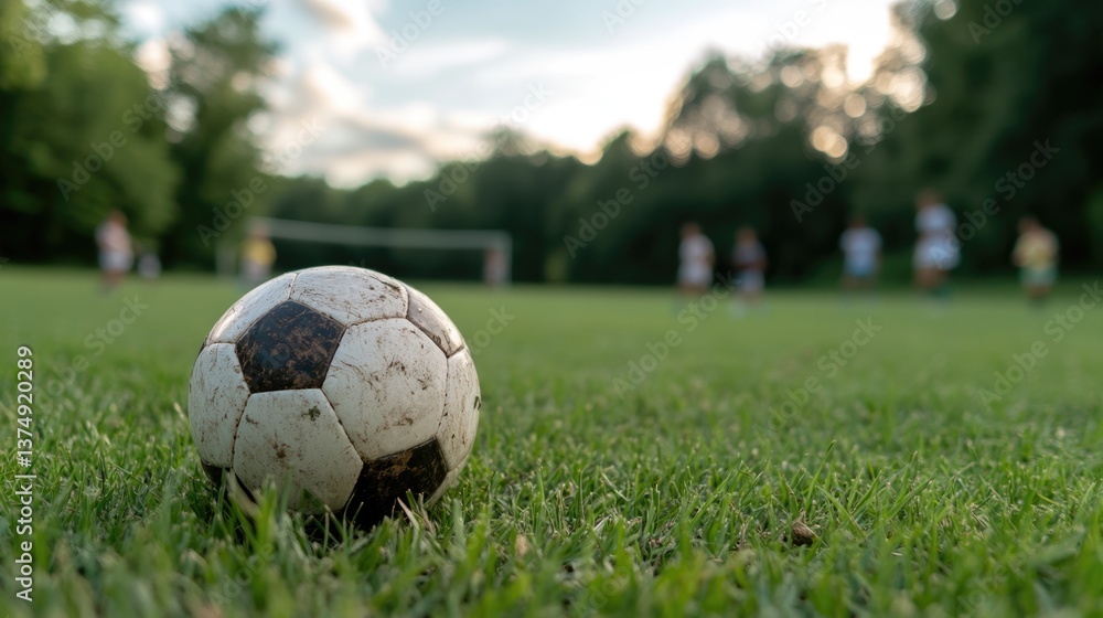 Obraz premium A worn soccer ball lies on vibrant green grass, highlighting a lively soccer match in the background. Players in white and yellow uniforms are actively engaging as the sun sets