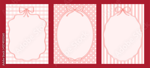 Pretty frames from ribbon with bows with space for text. Vintage ribbon frames cards. Set of cute cards for invitation or holiday