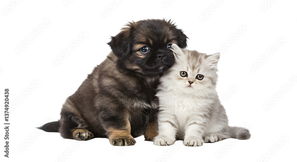 Obraz premium Adorable Puppy and Kitten Sitting Together on White Background Looking Ahead