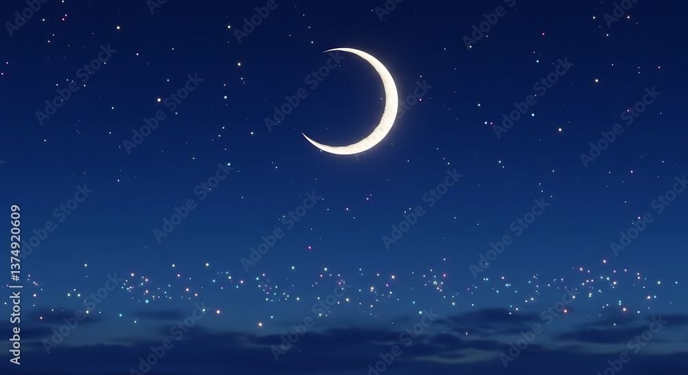 Naklejka premium Crescent Moon and Twinkling Stars in a Dark Blue Night Sky