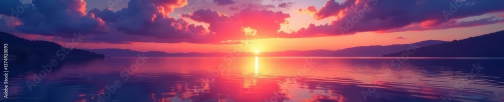 Obraz premium Majestic twilight on the horizon casting colorful reflections on water, serene, seascape