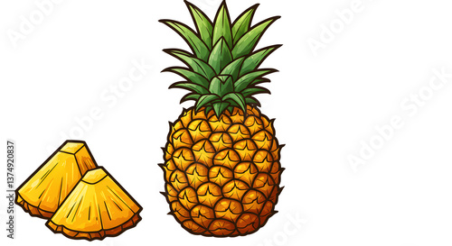 Pineapple Still Life with Slices on White Background Illustration