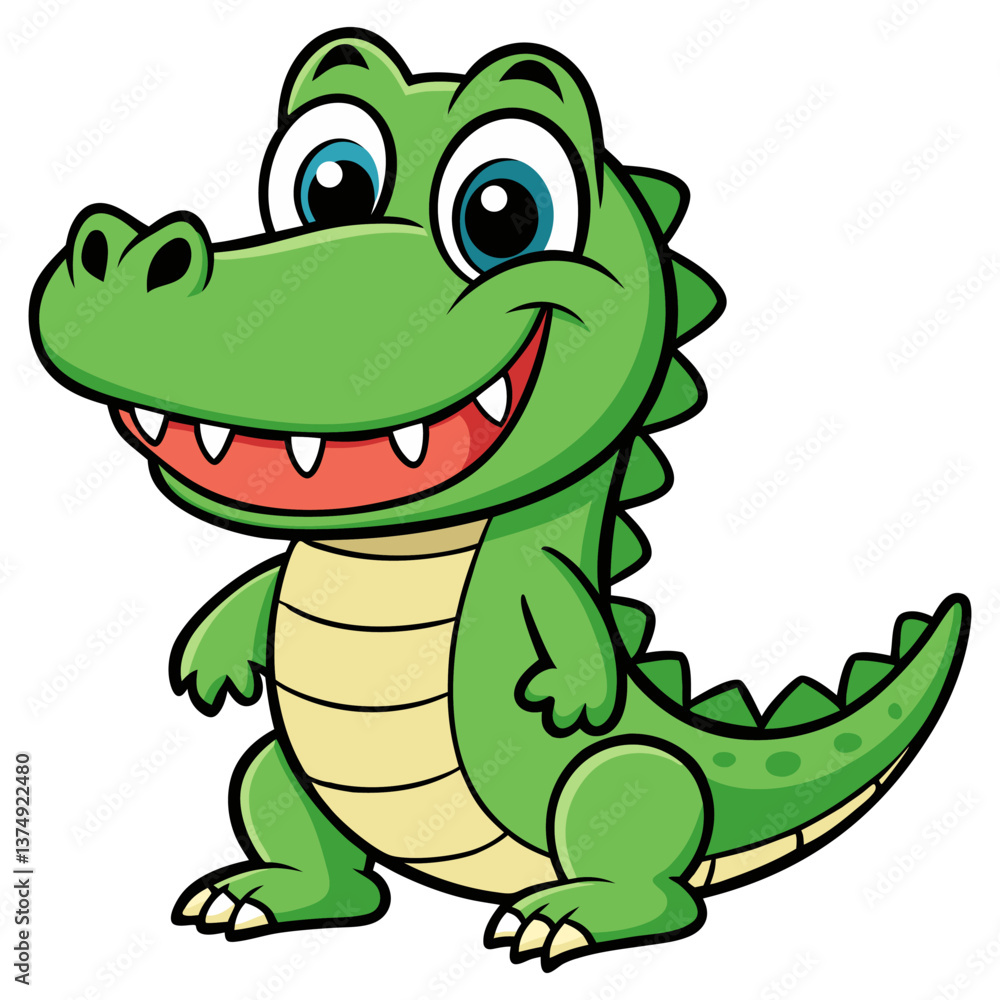 Obraz premium Adorable Cartoon Alligator or Crocodile with Big Eyes, Bright Smile, and Green Scales, Perfect for Children’s Illustrations, Animal-Themed Designs, and Reptile Projects Representing Playful, Friendly