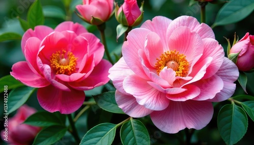 Intricate blooming roses & peonies, lush leaves , tapestry, leaves