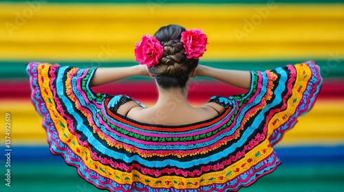Woman in vibrant traditional Mexican dress with colorful embroidery showcasing a beautiful braided hairstyle adorned with pink flowers against a vivid rainbow backdrop
