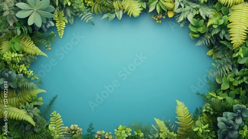 Wallpaper Mural Vibrant green foliage surrounds a soothing blue background, creating a fresh and natural frame, Ideal for beauty, wellness, or environmentally themed designs, Perfect for backgrounds or headers, Torontodigital.ca