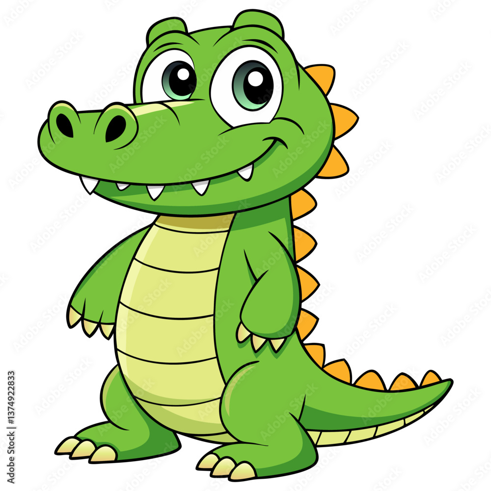 Fototapeta premium Adorable Cartoon Alligator or Crocodile with Big Eyes, Bright Smile, and Green Scales, Perfect for Children’s Illustrations, Animal-Themed Designs, and Reptile Projects Representing Playful, Friendly