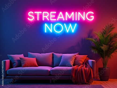 Modern content creation space, neon STREAMING NOW sign, cozy sofa, ambient lighting, podcasting studio, vibrant decor 