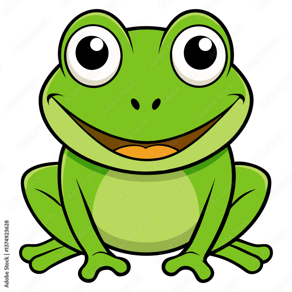 Fototapeta premium Adorable Cartoon Frog with Big Eyes, Bright Smile, and Green Skin, Perfect for Children’s Illustrations, Animal Designs, and Nature-Themed Projects Representing Playful, Friendly Creatures