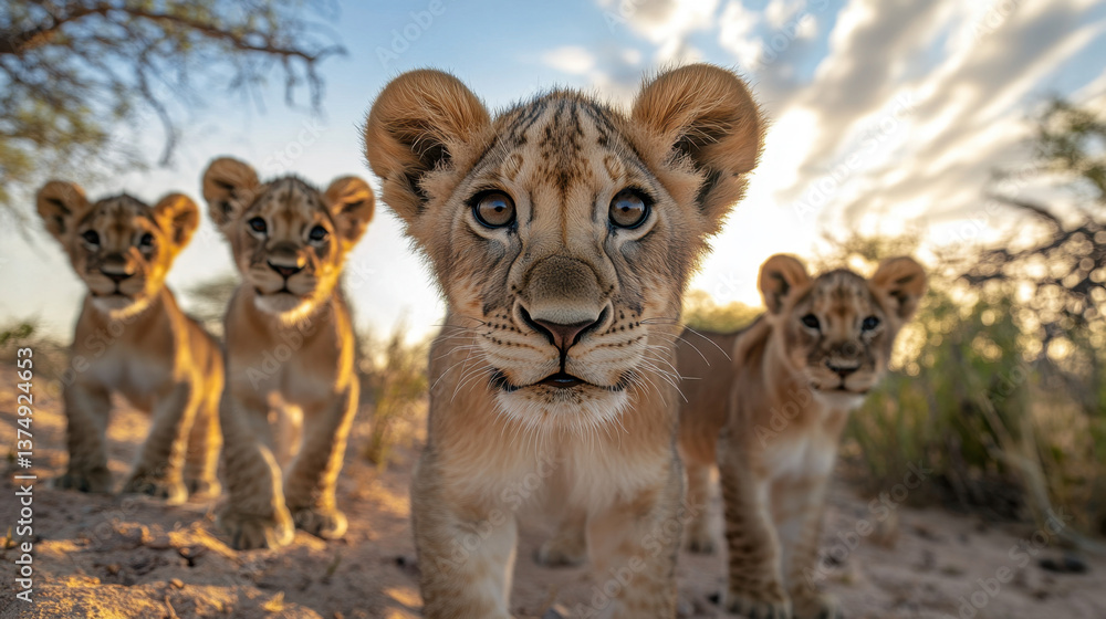 Obraz premium Charming Lion Cubs Gaze with Curiosity in Natural Habitat