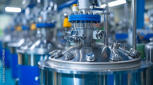A stainless steel bioreactor with valves and gauges in a modern pharmaceutical manufactu facility is shown in detail.