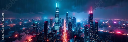 Wallpaper Mural Neon-lit skyscrapers under rain with glowing holograms, cyberpunk atmosphere, neon, wallpaper Torontodigital.ca