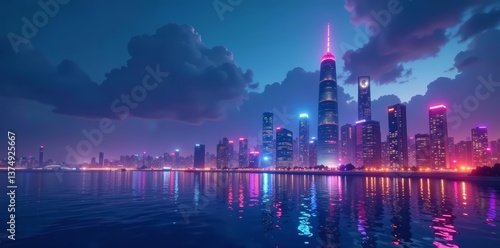 Fototapeta Naklejka Na Ścianę i Meble -  Neon-lit sea city skyline with futuristic buildings and giant skyscrapers, sea, night
